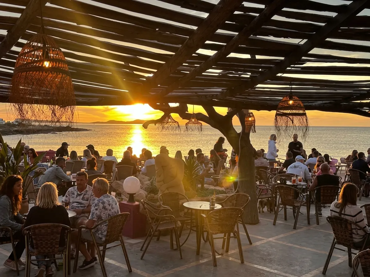 Terraza de Kumharas en Cala de Bou, Ibiza, al atardecer